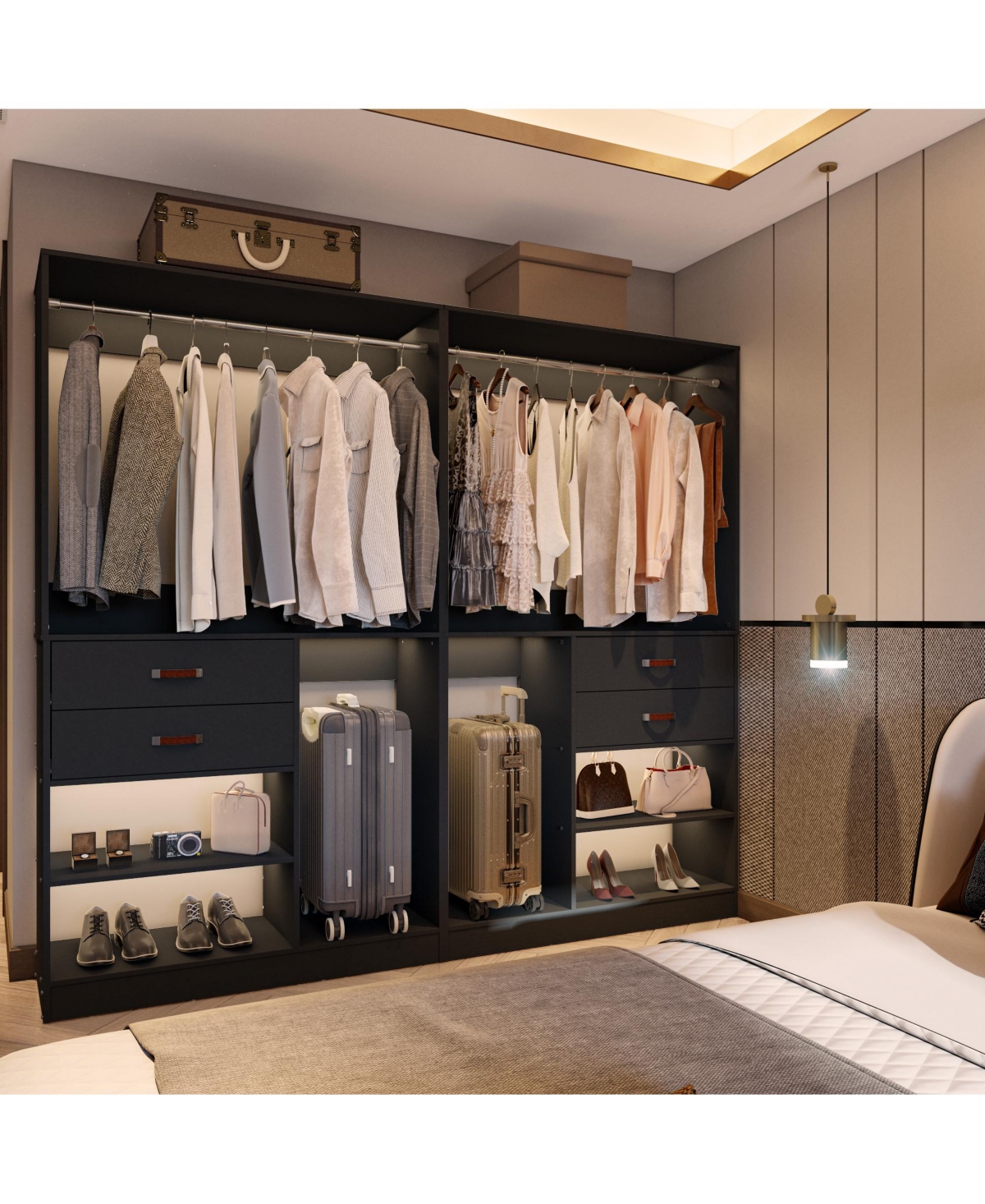 8FT Walk Closet Organizer with 3 Shelving Towers, Heavy Duty Clothes Rack Drawers