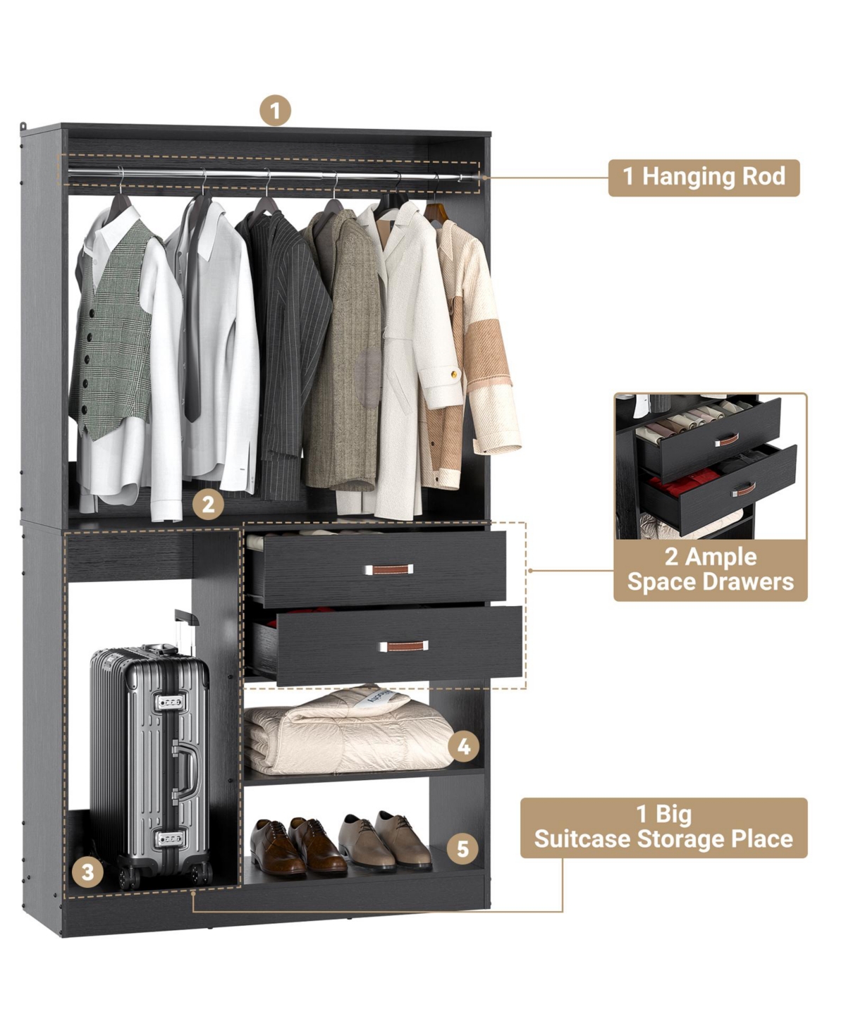 8FT Walk Closet Organizer with 3 Shelving Towers, Heavy Duty Clothes Rack Drawers