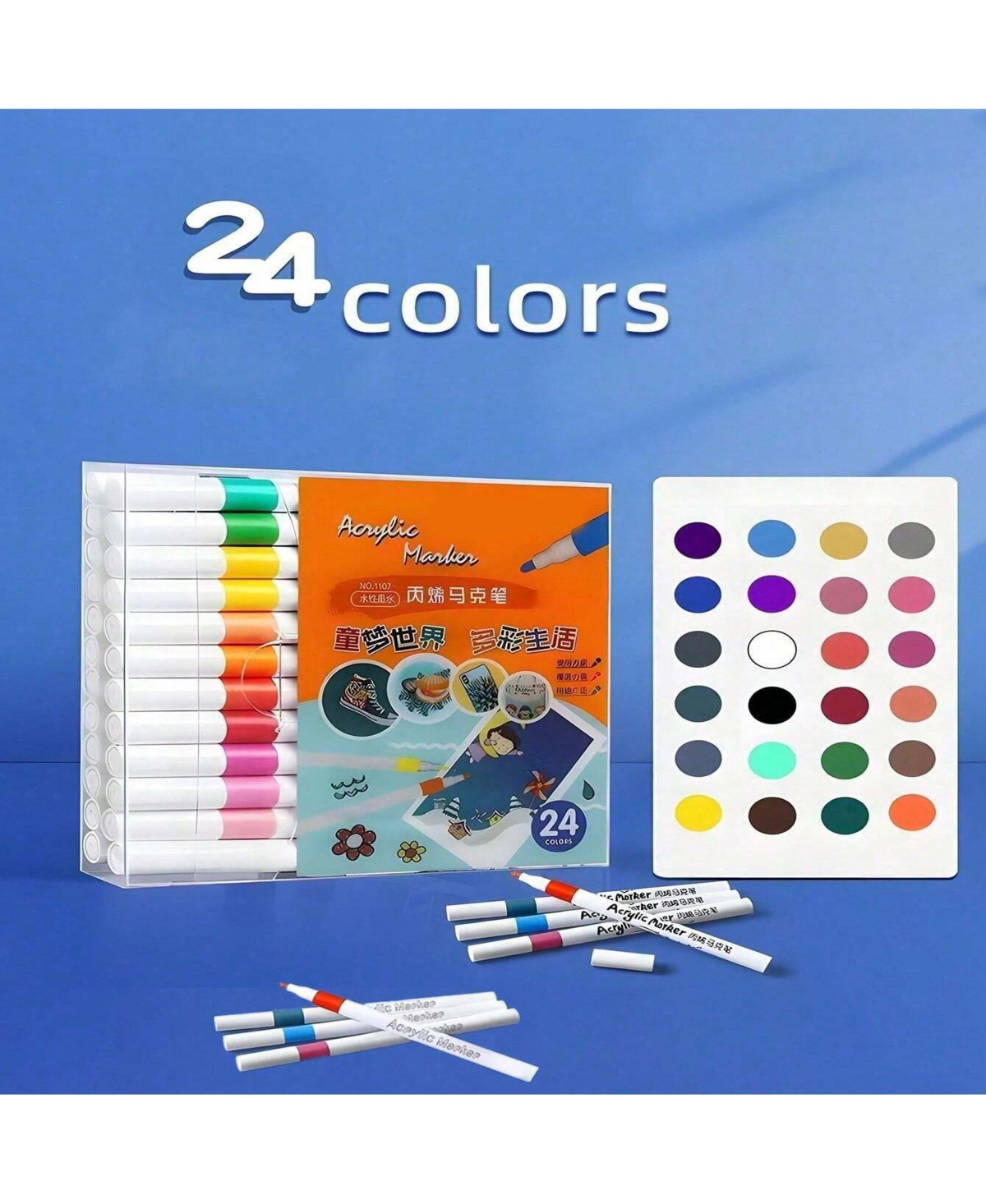 Htutwoo 24 Colors Acrylic Paint Marker Pens, Suitable for Painting and Art Creation, Waterproof, for Diy On Fabric, Wood and Most Material Surfaces
