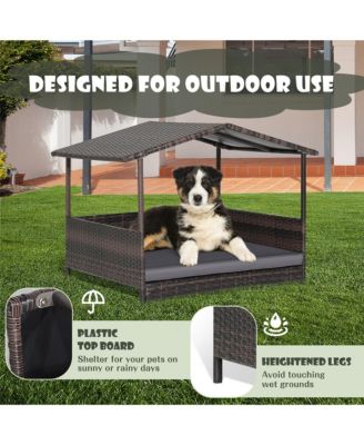 Wicker Dog House w/ Cushion Lounge Raised Rattan Bed for Indoor/Outdoo