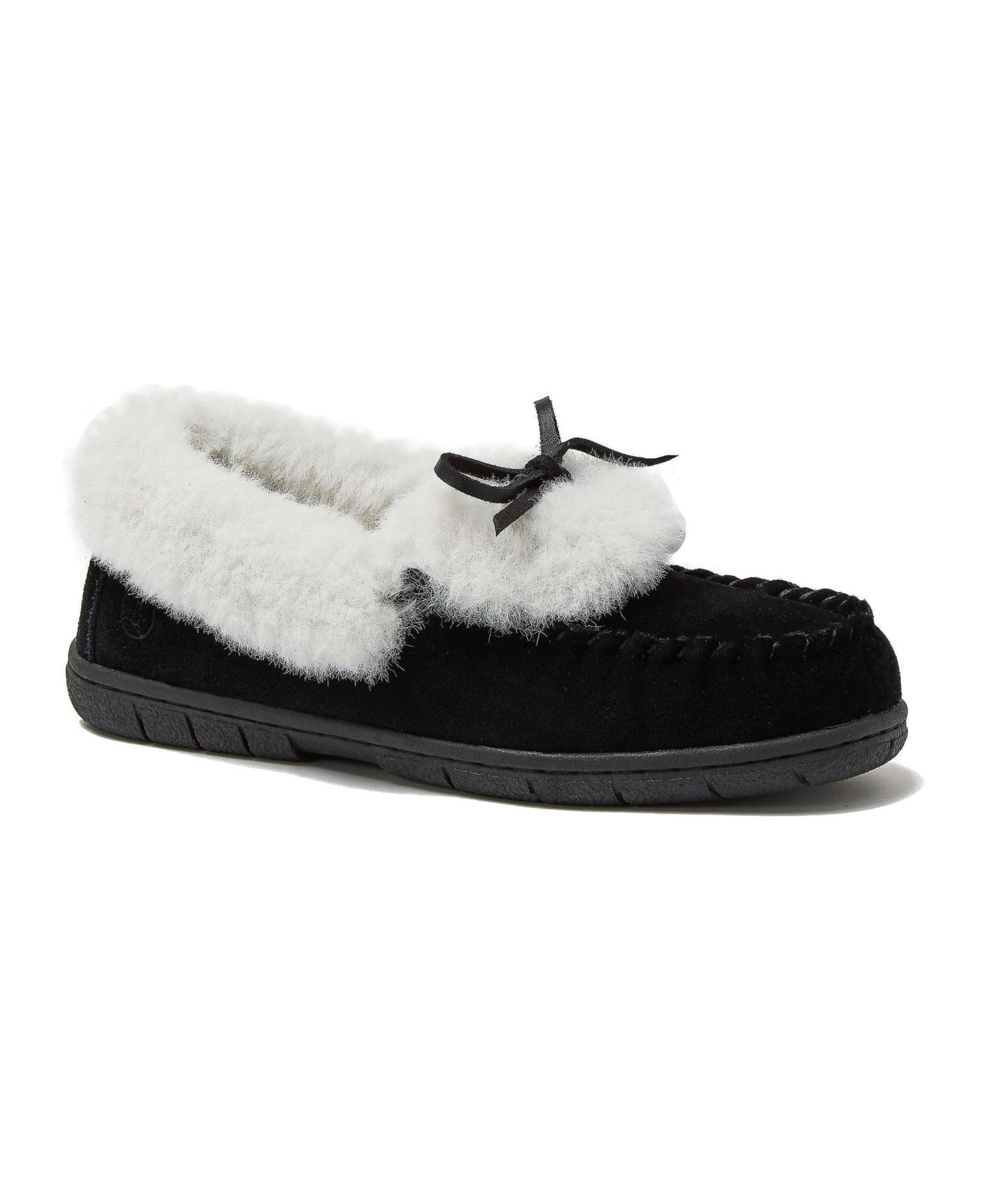 Женские тапочки Lands' End Fluffy Lined Indoor Outdoor Moccasin Slippers, цвет: Чёрный замшевый — фото 1