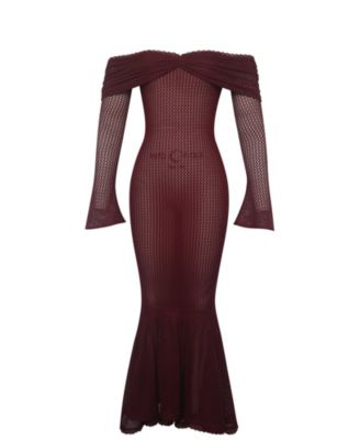Women Kaedyn Burgundy Off Shoulder Long Sleeve Crochet Mermaid Maxi Dress