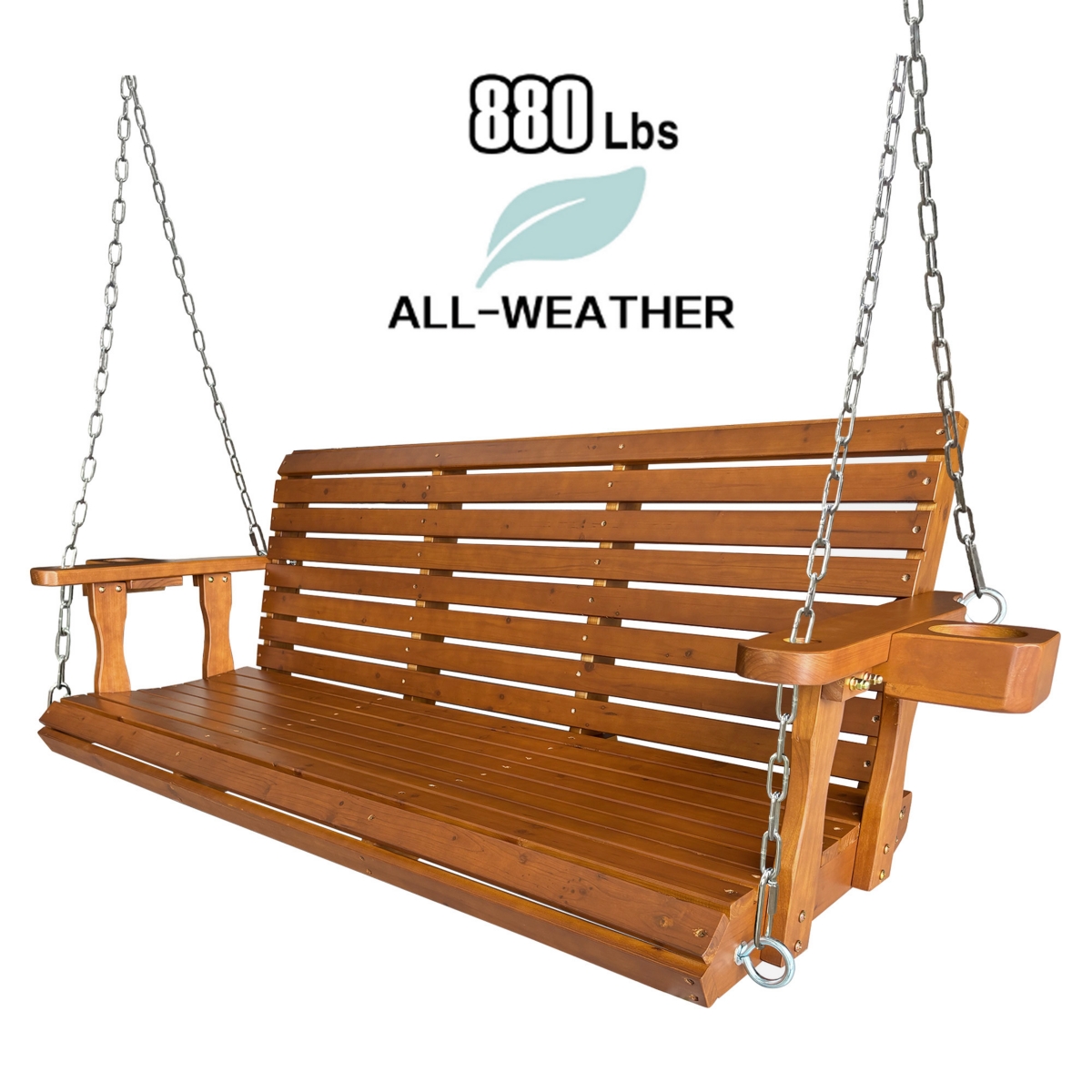 Mega Casa Wooden Porch Swing 3-Seater, High Backrest and Deep Seat, Bench Swing with Cupholders, for Outdoor Patio Garden (Cedar Tone, 5 Ft Extra Larg