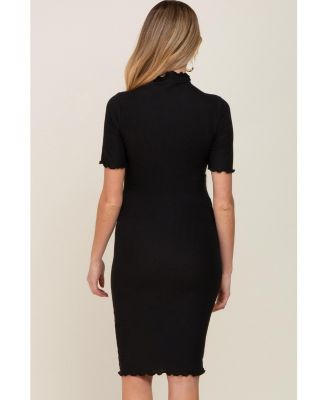 Maternity Black Ribbed Mock Neck Fitted Midi Dress