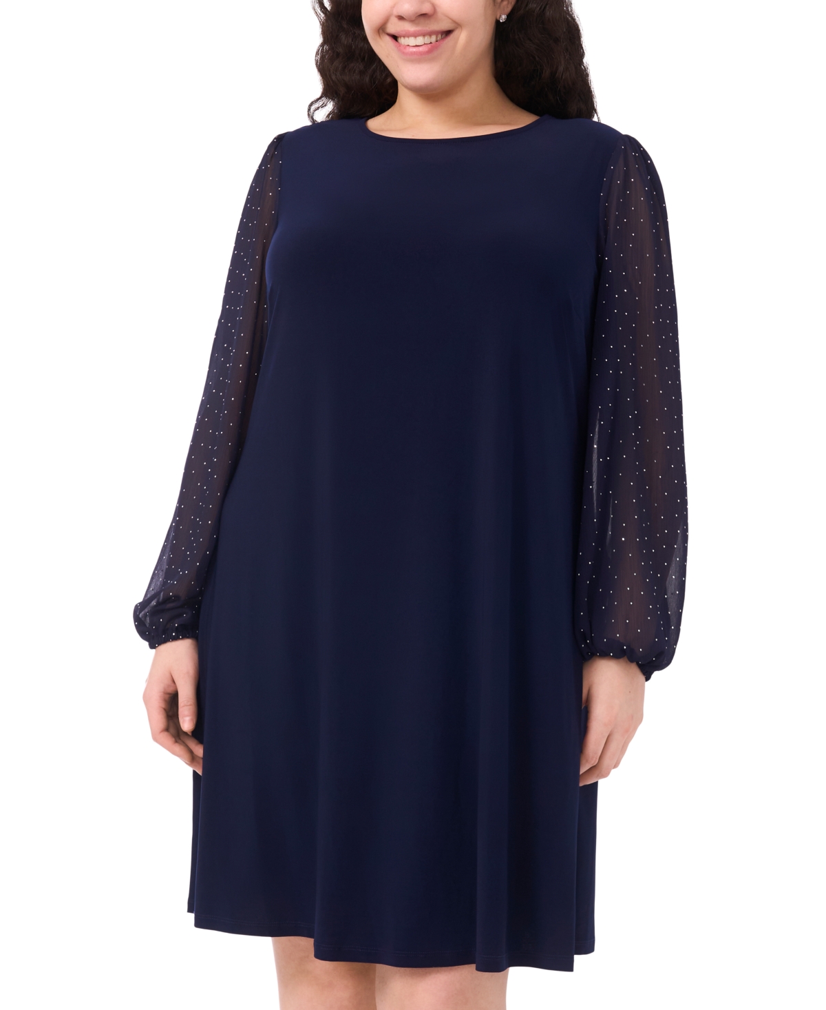 Msk Plus Size Round Neck Bell Sleeves Shift Dress In Blue
