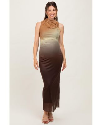 Brown Ombre Mesh Ruched Sleeveless Maternity Midi Dress