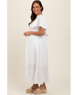 Maternity Ivory Deep V-Neck Flutter Sleeve Tiered Midi Dress