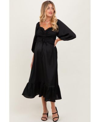 Maternity Black Satin Smocked Cinched Bust Midi Dress