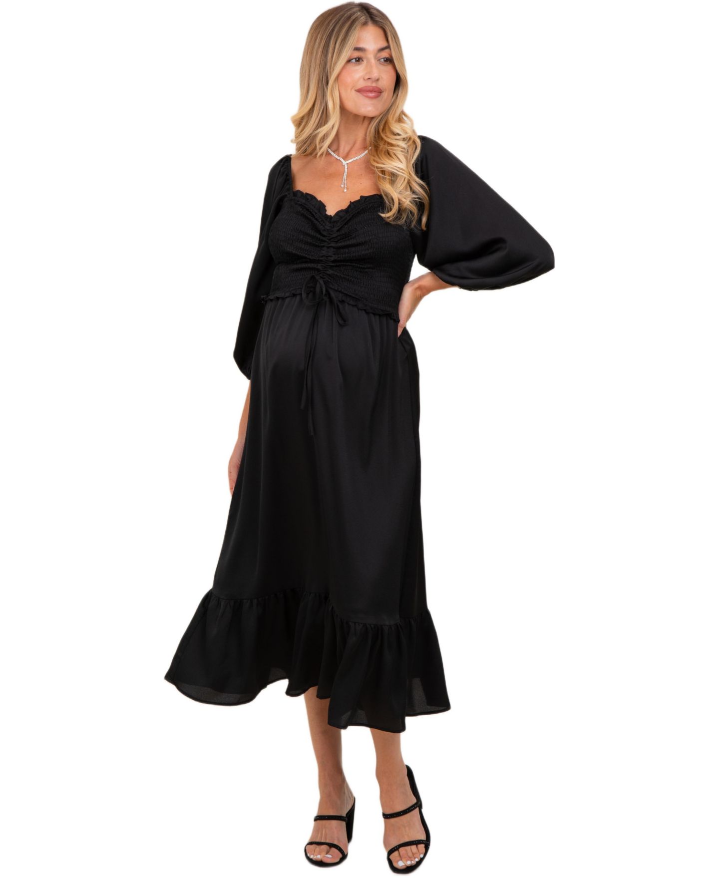 Женское платье Pinkblush Black Satin Smocked Cinched Bust Midi, цвет: Чёрный — фото 2