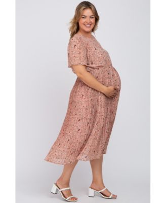 Plus Size Light Pink Floral Pleated Chiffon Midi Dress