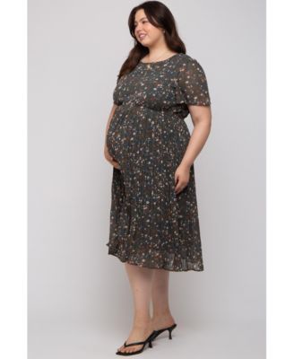 Plus Size Light Pink Floral Pleated Chiffon Midi Dress