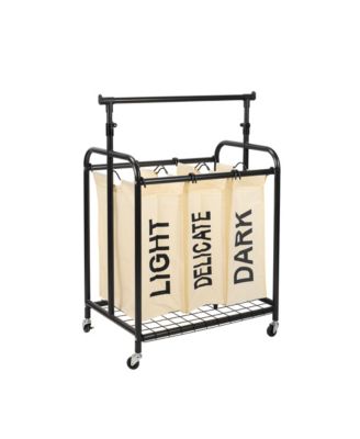 3-Bag Rolling Laundry Sorter with Adjustable Hanging Bar, White