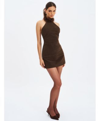 Women's Yael Espresso Suede Faux Fur Halter Mini Dress