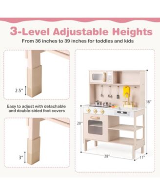 Height Adjustable Play Kitchen Wooden Kitchen Playset w/ Real Lights & Sounds