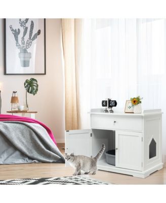 Wooden Cat Litter Box Enclosure w/ Drawer Side Table Furniture
