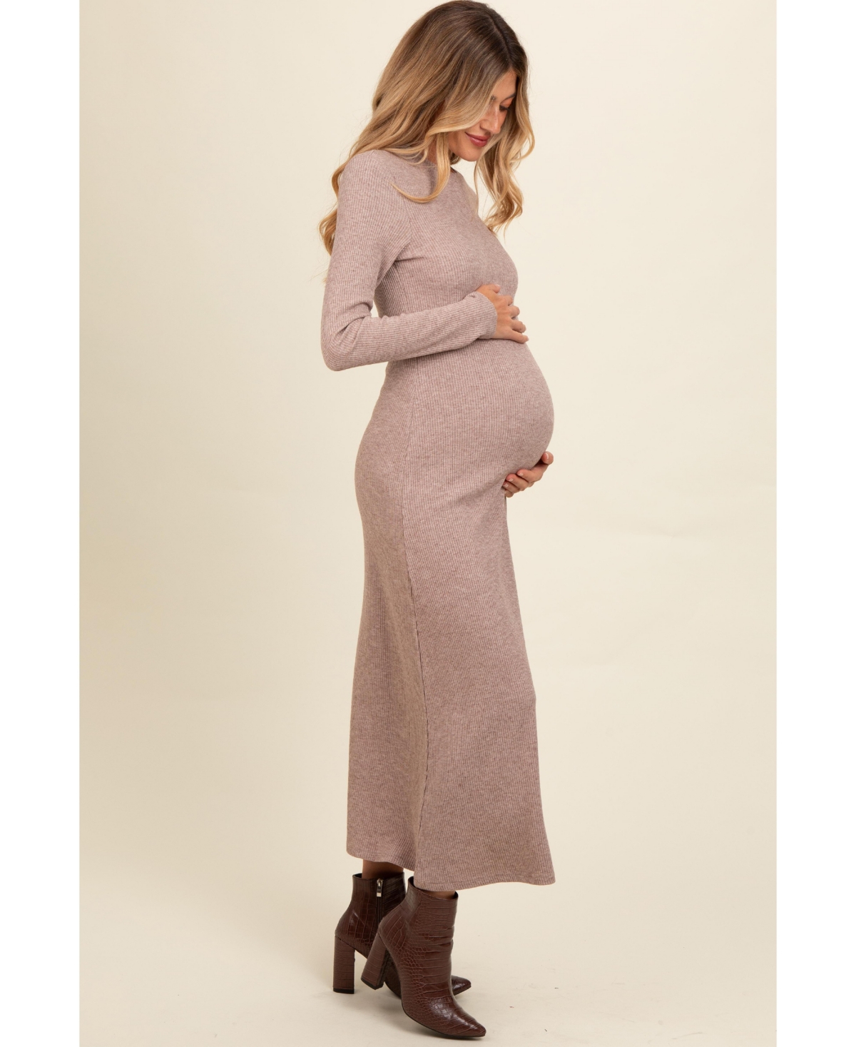 Pinkblush Maternity Mocha Ribbed Knit Side Slit Midi Dress