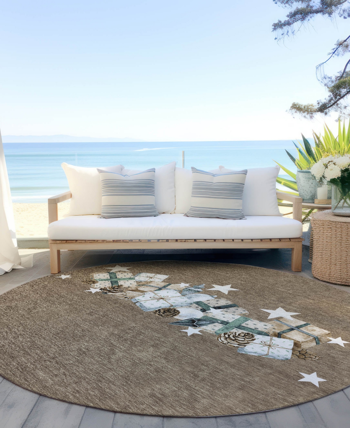 Addison Holiday Washable Indoor/outdoor Acn1825 8'x8' Round Area Rug In Brown