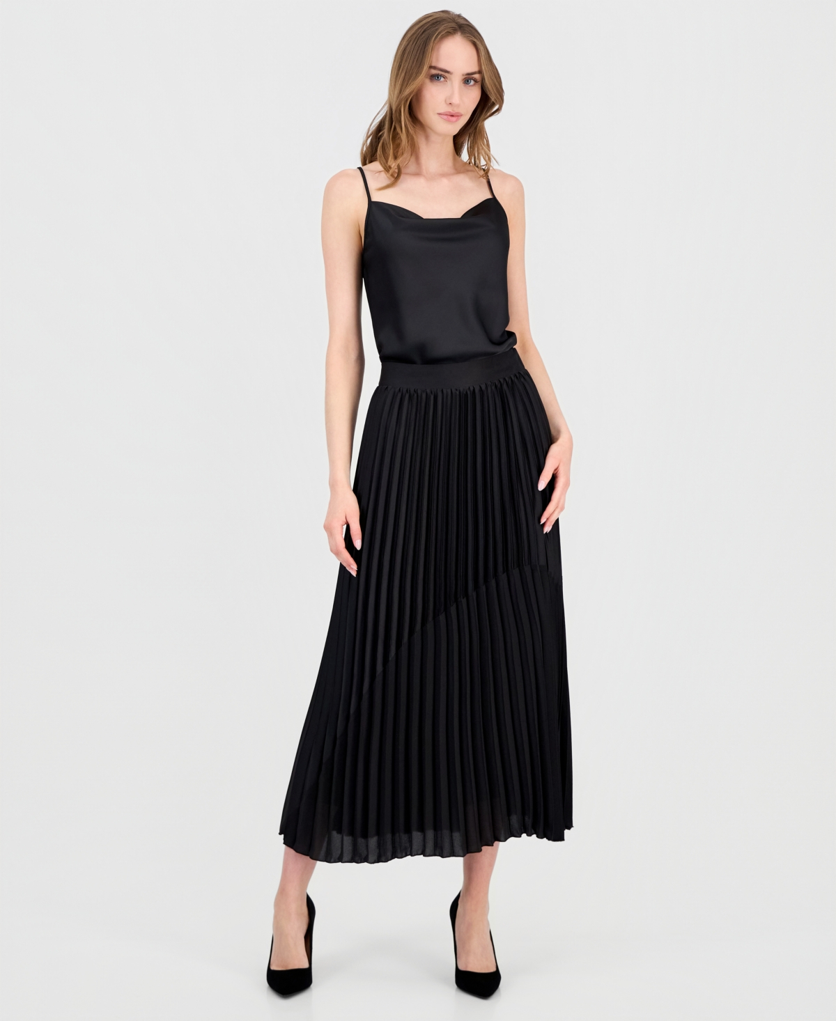 T Tahari Women's Pull-On Pleated Mixed-Media Skirt