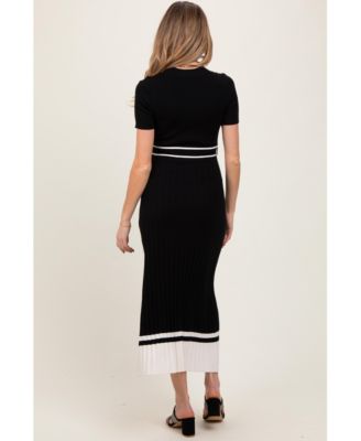 Maternity Black Ribbed Knit Pleated Midi Dress