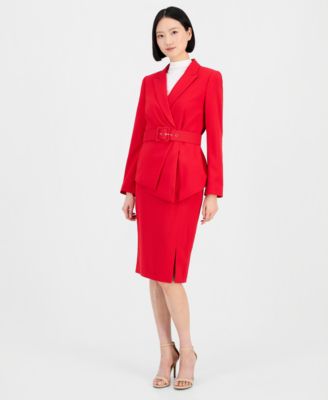 Women's Asymmetrical Belted Jacket & Pencil Skirt Suit Set