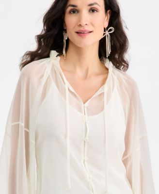 Women's Blouson-Sleeve Split-Neck Button-Front Blouse