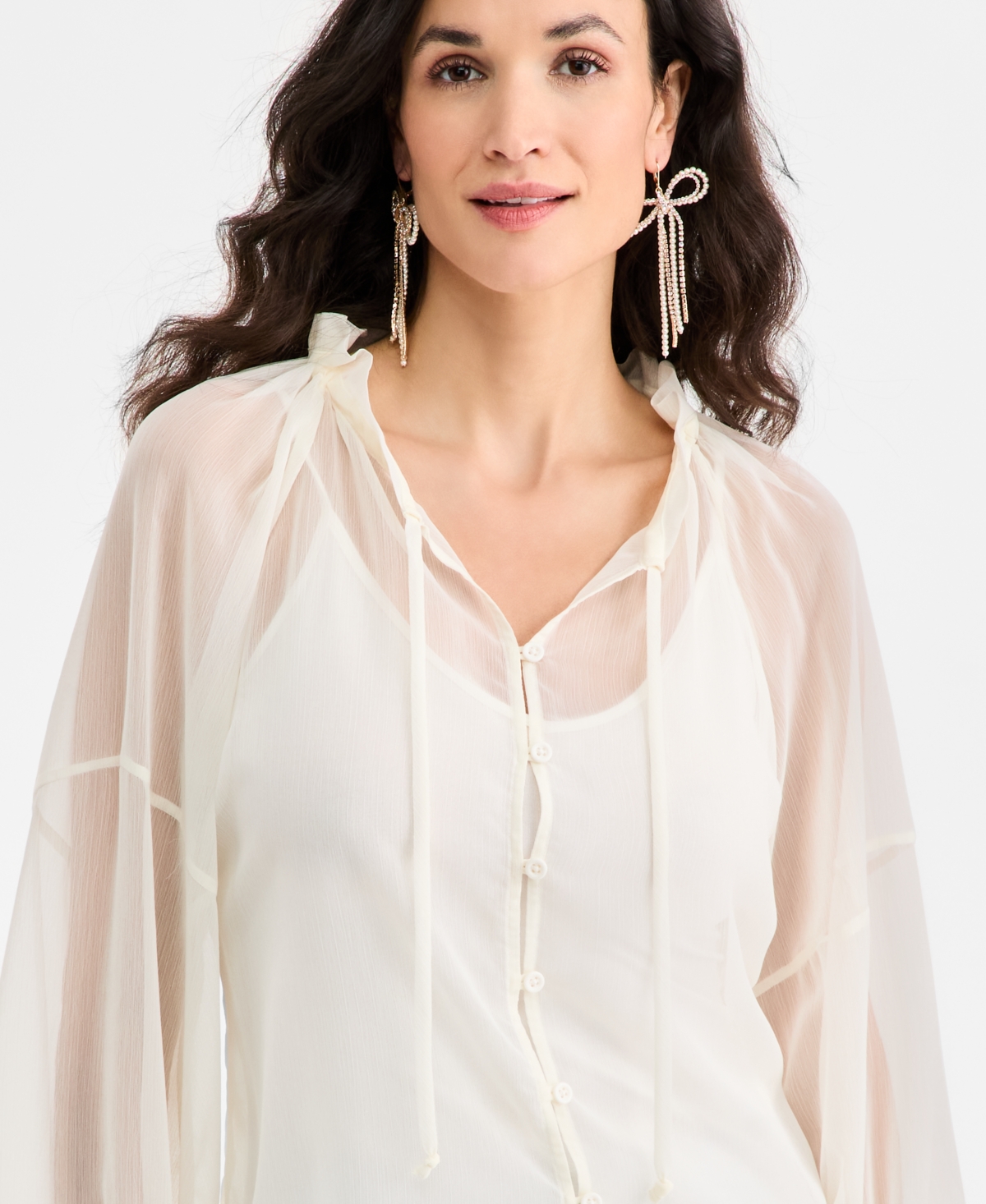 On 34th Women's Blouson-sleeve Split-neck Button-front Blouse, Macy's Exclusive In White