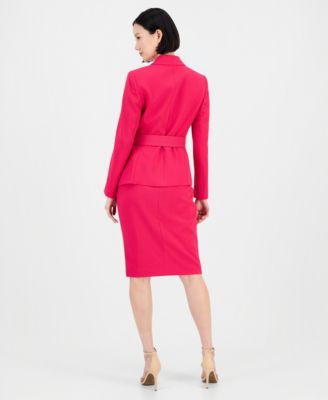 Women's Asymmetrical Belted Jacket & Pencil Skirt Suit Set