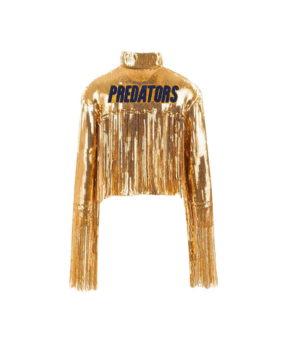 Cuce Women's Gold Nashville Predators Cropped Sequin Fringe Blazer Jacket In Gold