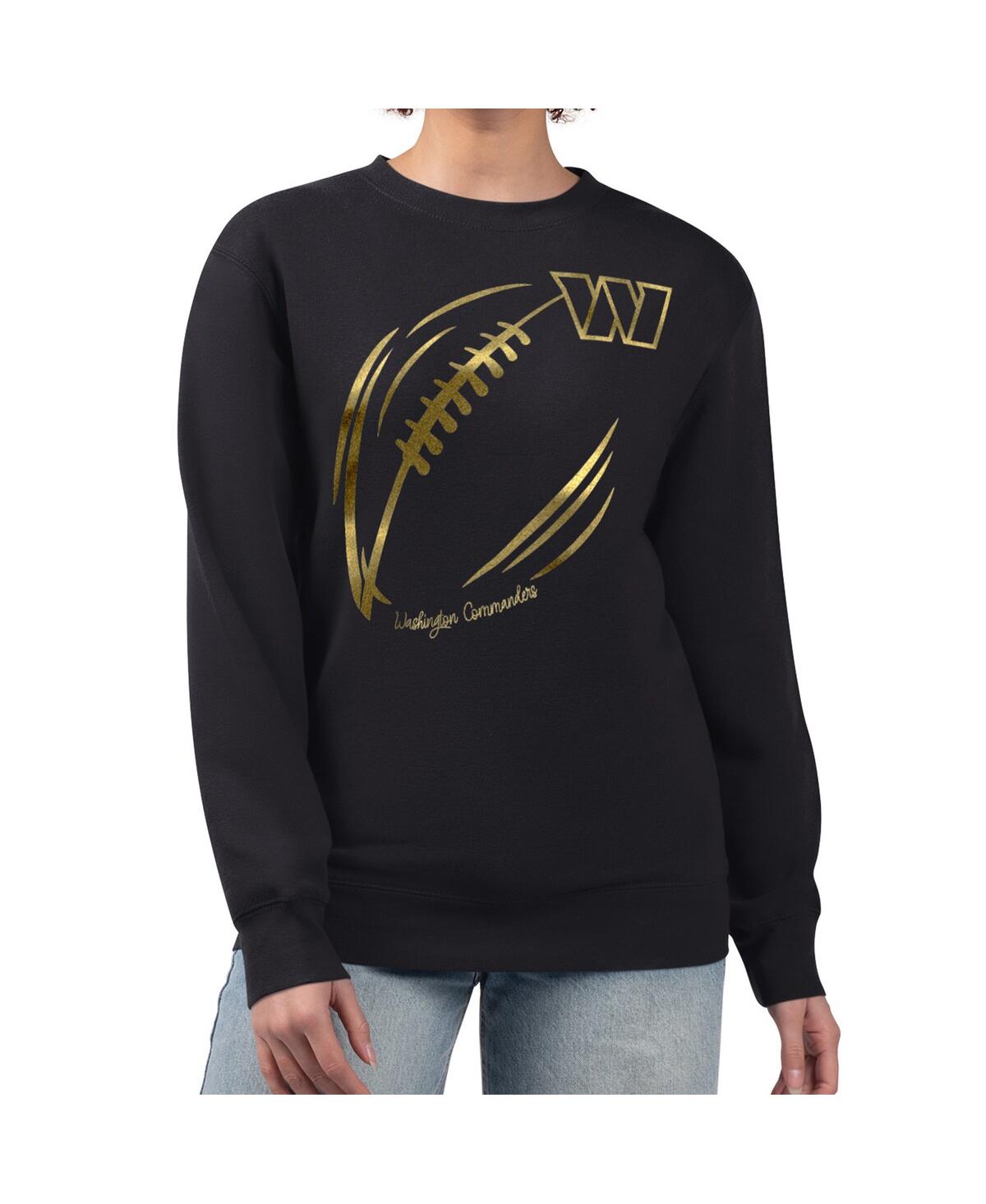 G-iii 4her By Carl Banks Women's Black/gold Washington Commanders Metallic Print Football Sketch Fleece Crewneck Sweatshirt In Multi