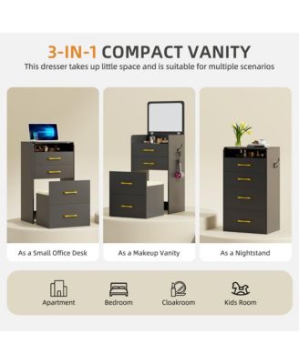 3-in-1 Vanity Desk with Flip Mirror, Glass Top, 3 Drawers