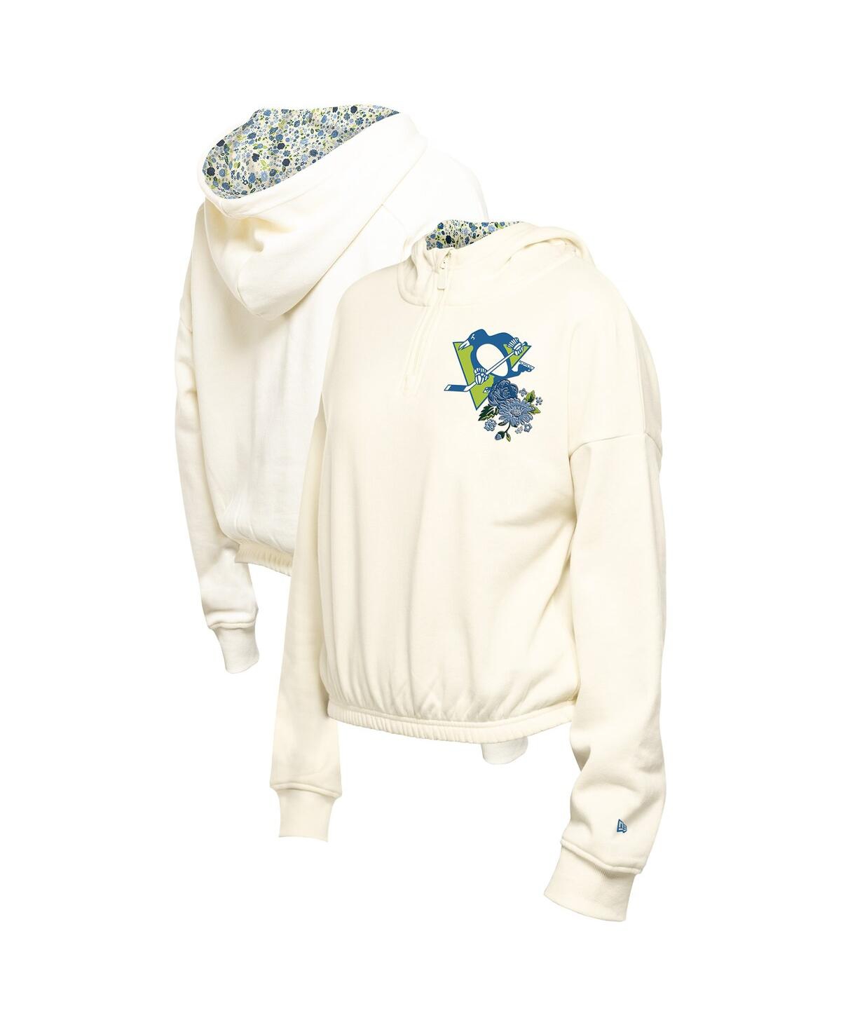 New Era Women's Cream Pittsburgh Penguins Glam Game Quarter-zip Cropped Floral Pullover Hoodie In White