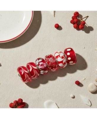 Mixed Set Of Bundle Pink Red White Stripe Swirl Floral Murano Glass Charm Bead Spacer Sterling Silver Core Fits European Bracelet