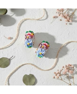 Set of 2 Murano Glass Charm Bead Multi-Color Flower Design Fits European Bracelet