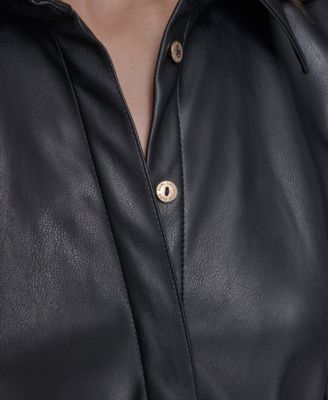 Women's Faux Leather Belted Shirt Dress