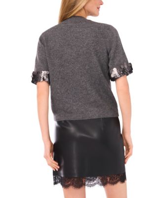 Women's Mock Neck Sequin Cuff Short Sleeve Sweater