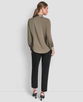 Women's Tie-Neck Front Button Long Sleeve Blouse