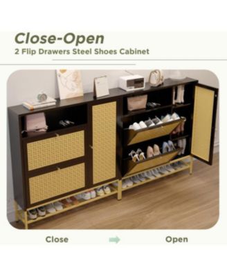 Shoe Storage Cabinet with 2 Flip Drawers - Hidden Shoe Organizer for Entryway, Metal Shoe Rack with Door &amp; Open Storage