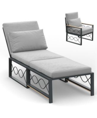 Outdoor Metal Chaise Lounge Chair, Convertible Patio Armchair with Cushions, Adjustable 5-Position Recliner