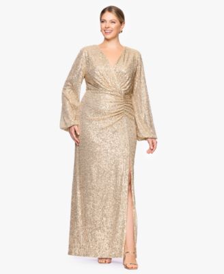 Betsy & Adam - Plus Size Sequin V-Neck Long Bell Sleeve Gown