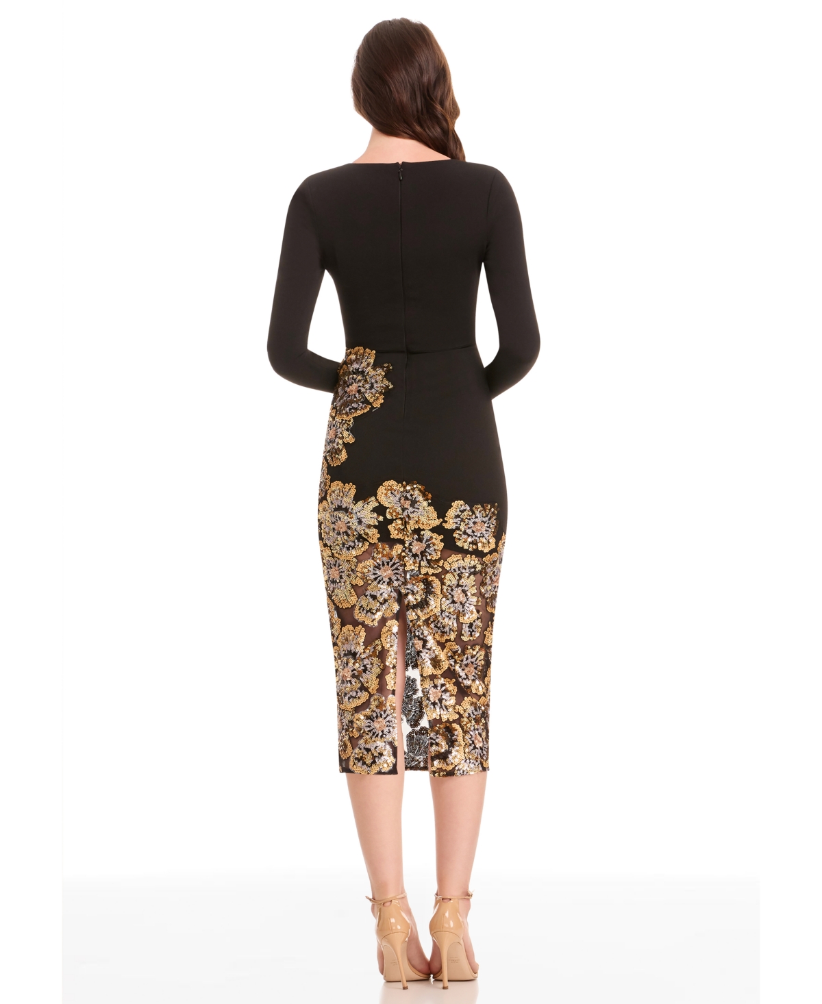 Dress The Population Mara Sequin Long Sleeve Midi Dress In Black