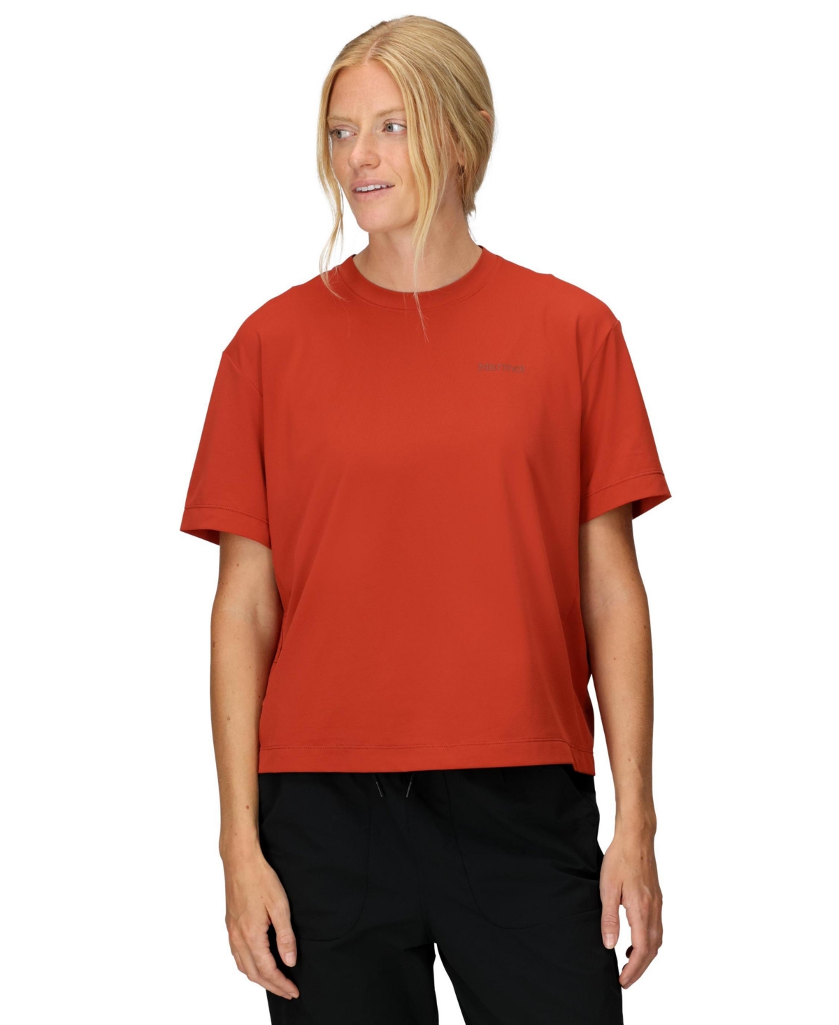 Marmot Women's Air Exchange Upf 50 Crew Short Sleeve Ribbed Collar T-shirts In Red
