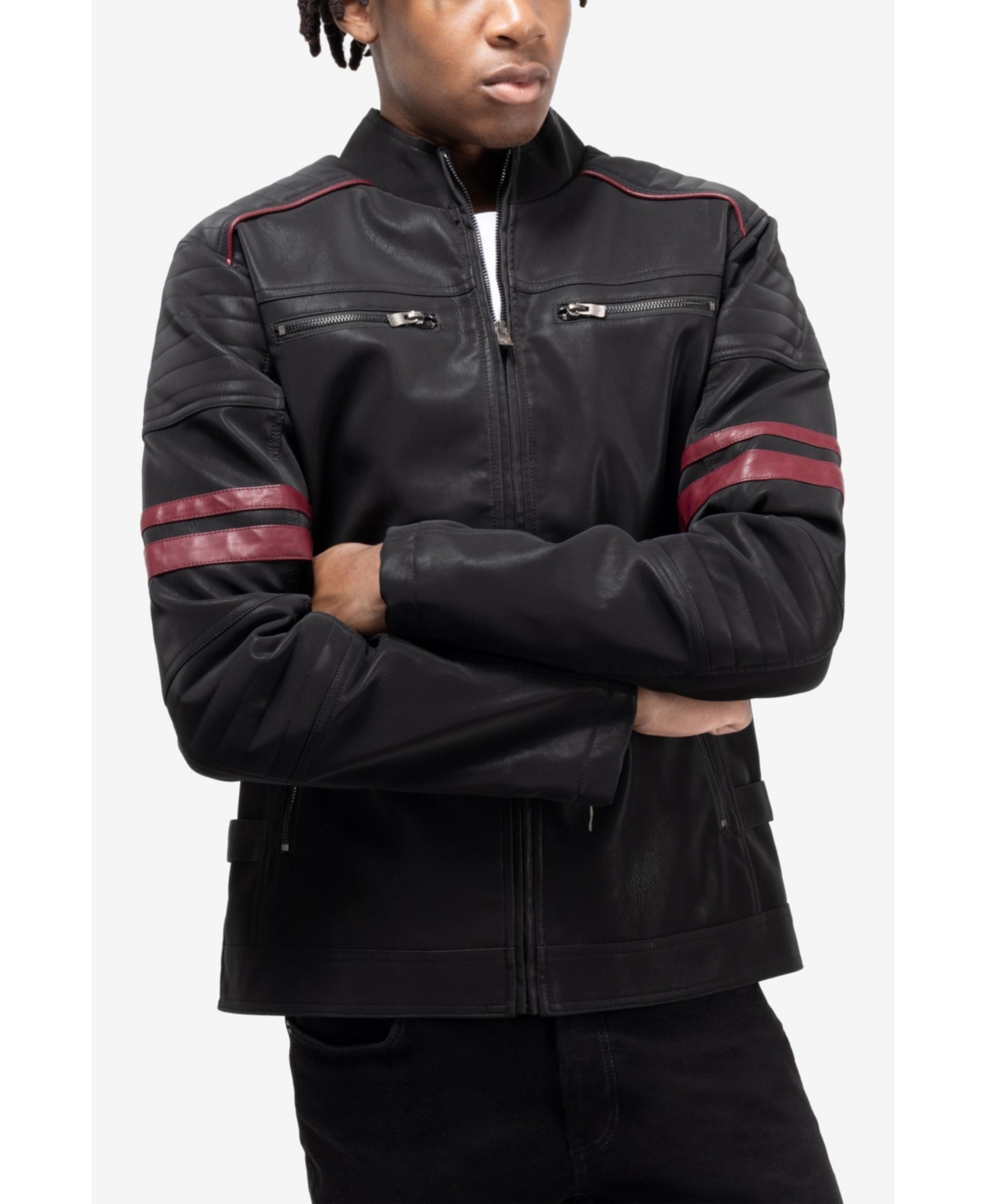 Xray Men's Pu Jacket With Faux Shearling Lining And Moto Stitch On Sleeves Back
