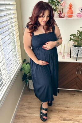 Maternity Navy Blue Smocked Tie Strap Midi Dress