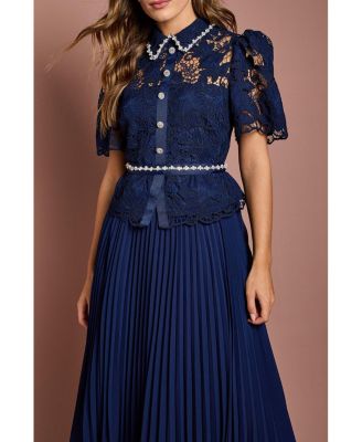 Women's Lace Top Pleat Skirt Jewel Button Dress