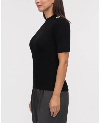 Women's Mock Neck Elbow Sleeve Rib Sweater with Button Detail