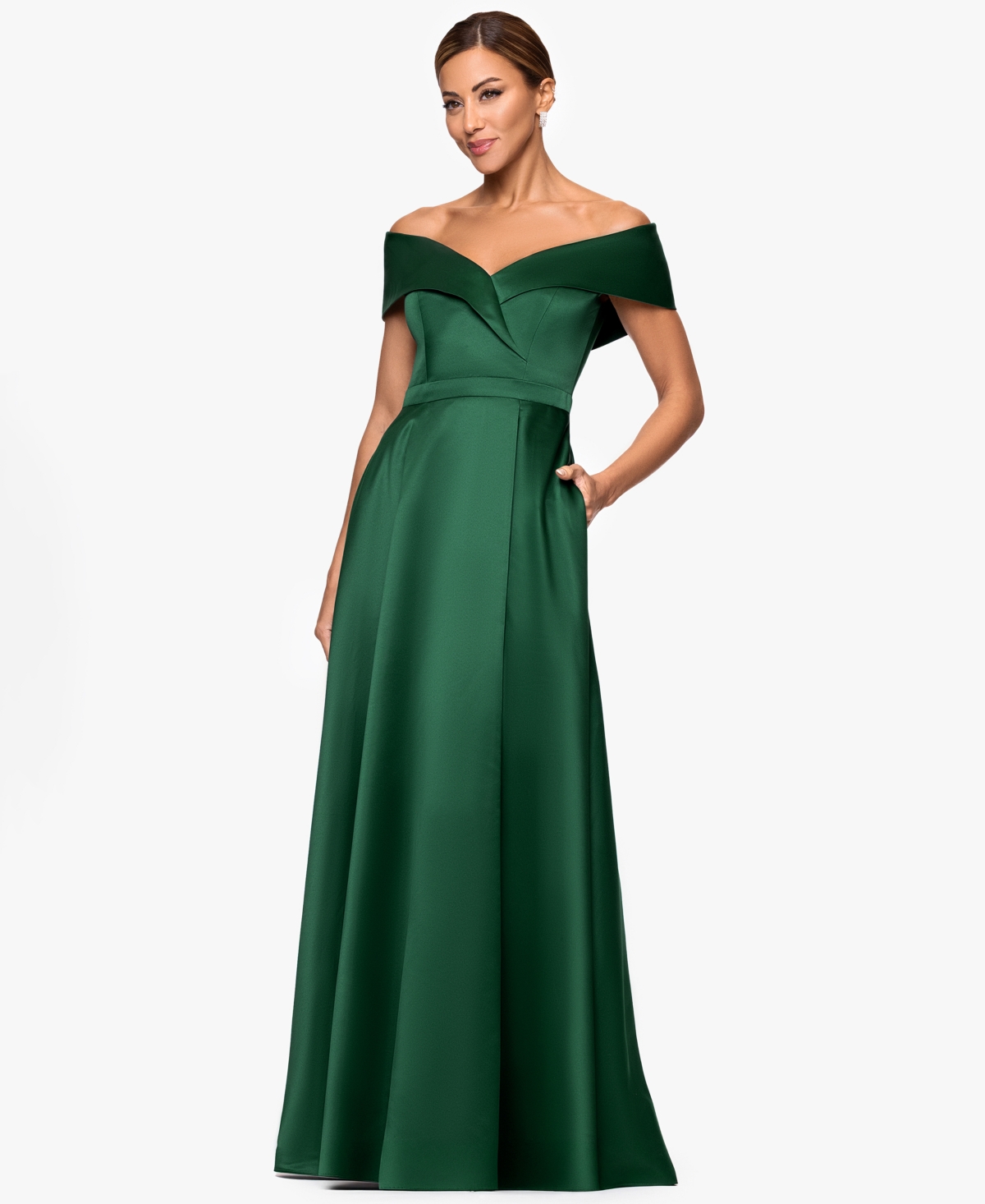 Xscape Petite Long Satin Off-the-shoulder A-line Gown In Green