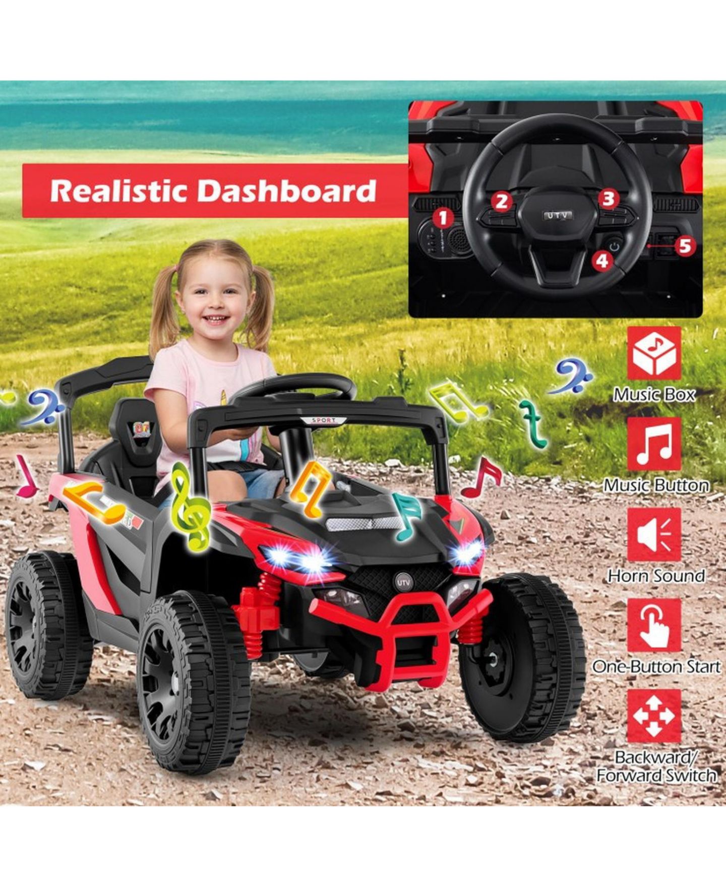Детская игрушка SUGIFT 12V UTV Remote-Control LED Lights Ride-On, Ages 3+, цвет: Красный — фото 5