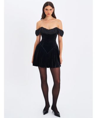 Women's Daisha Black Lace Trimmed Off-Shoulder Ruched Mini Dress