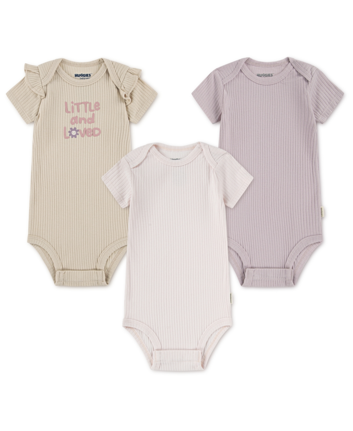 Huggies Baby Girls 3-Pack Short Sleeve Bodysuits Set - Granola/Purple/Pink