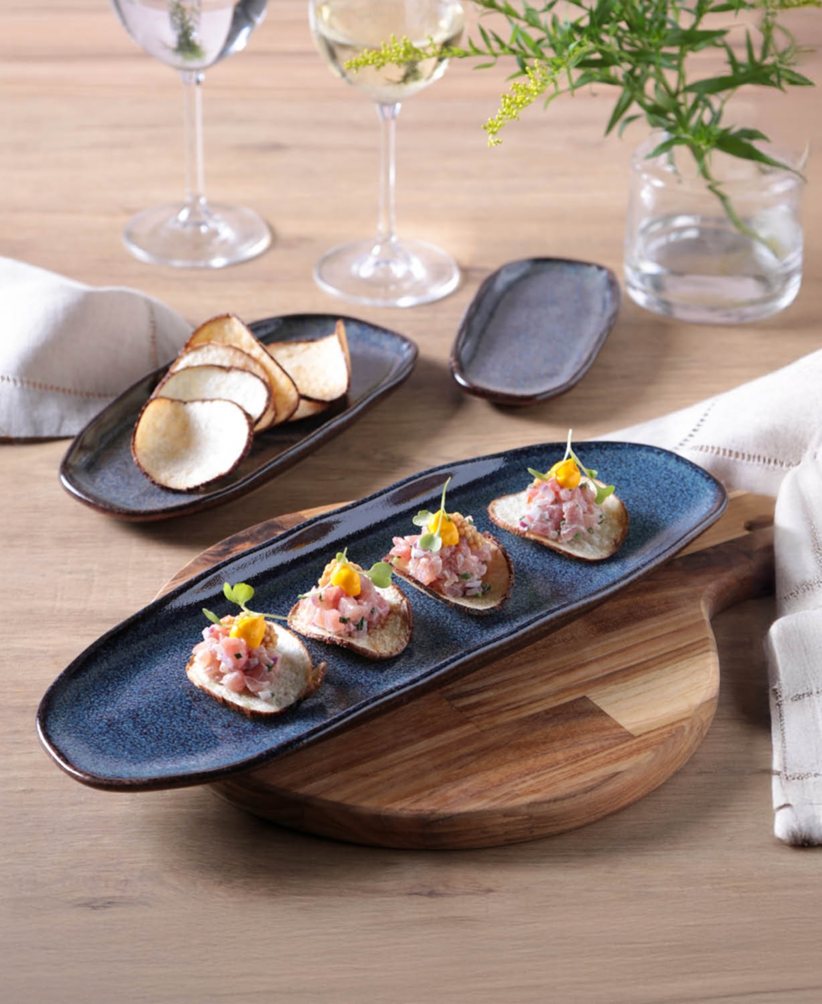 Porto Brasil 14.17" Stoneware Large Shallow Oval Platters, Set Of 4 In Blue